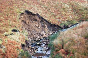 Erosion of slope deposits and bedrock, Lythe Fell, Hindburn valley