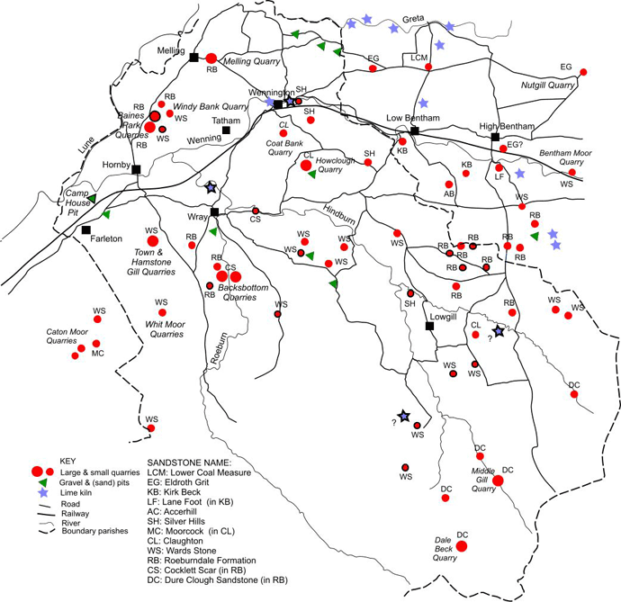 Distribution of sandstone quarries, gravel pits and lime kilns