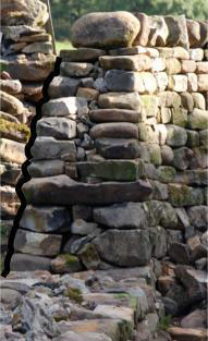 Cross section of rebuilt wall, river or field stone, Ivah, near Lowgill